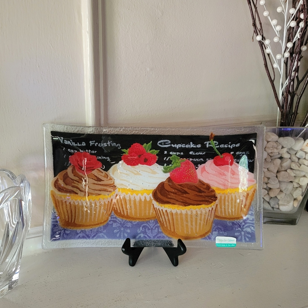 RARE Peggy Karr Fused Glass 14x8” Cupcake Serving Platter